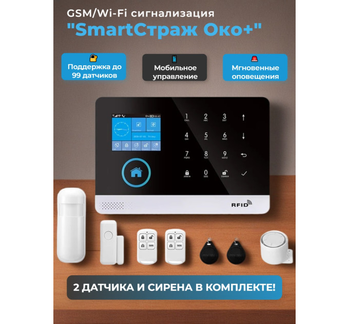 Беспроводная GSM/Wi-Fi сигнализация TUYA "SmartСтраж Око+" для дома и квартиры (2 канала оповещения, поддержка RFID карт, удобное приложение) фото