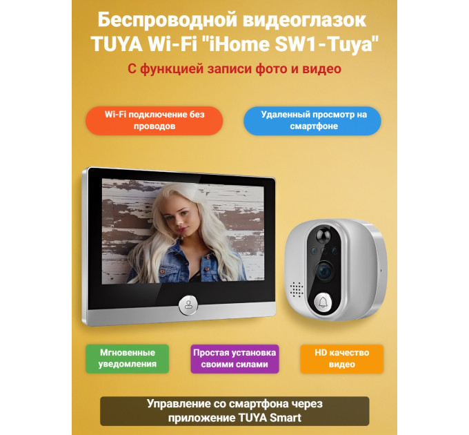 Беспроводной видеоглазок TUYA Wi-Fi "iHome SW1-Tuya" с записью на SD карту и датчиком движения фото