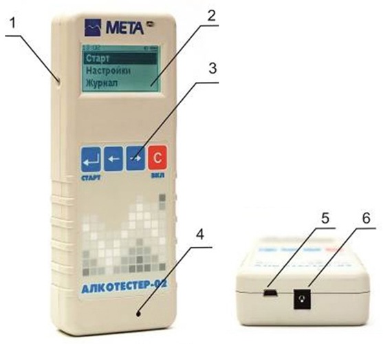 1 — гнездо для мундштука, 2 — индикатор, 3 — кнопки управления, 4 — индикатор зарядки аккумулятора, 5 — разъем для подключения кабеля связи к ПК, 6 — разъем для зарядного устройства
