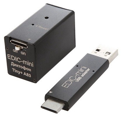 Цифровой диктофон Edic-mini Tiny+ A83 с комплектным USB-адаптером для подключения к компьютеру